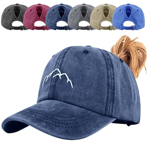 Image of Tiakay Women's Ponytail Baseball Cap Embroidered Vintage Washed Cotton Adjustable Hat Breathable Sun Protection Caps for Outdoor Sports & Casual Wear (Navy Blue)