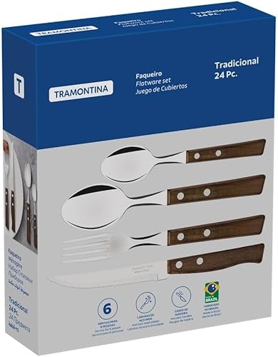 Miniatura 2 de Tramontina Juego de cubiertos con cuchillos para carne, cuchillo afilado de 24 piezas, tenedores, cucharaditas, cucharadas con asas de madera,