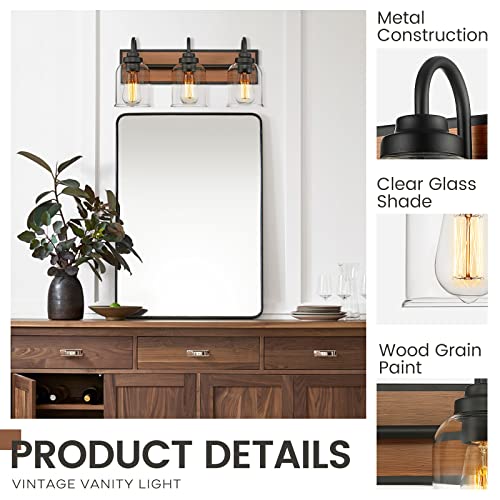 Zeyu 3-Light Vanity Light For Bathroom, Vintage Bath Wall Light With Clear Glass Shade, Black And Wood Grain Finish, Zjf64B-3W Bk+Wd #TOP3