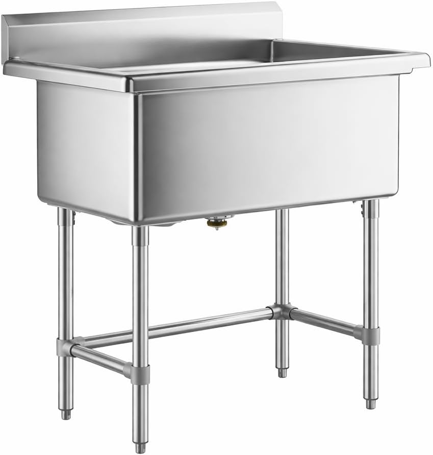 Commercial Stainless Steel Utility Sink with Backsplash, Single Compartment, 32" x 16" x 12" Deep Bowl, 16-Gauge - for Janitorial Area, Commercial Kitchen, Garage, Laundry Room