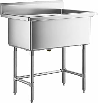 Commercial Stainless Steel Utility Sink with Backsplash, Single Compartment, 32" x 16" x 12" Deep Bowl, 16-Gauge - for Janitorial Area, Commercial Kitchen, Garage, Laundry Room