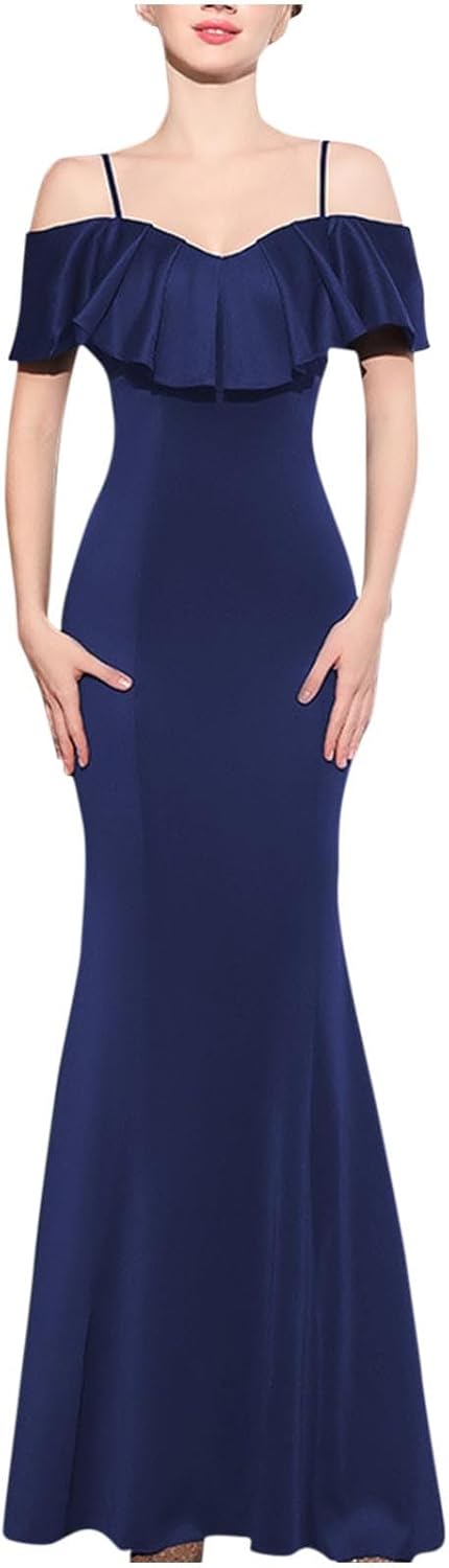 Women's Ruffle Trim Strap Maxi Formal Dress for Cocktail Evening | Cold Shoulder Party Long Dresses for Women, Fishtail Hem Gowns for Wedding Guest