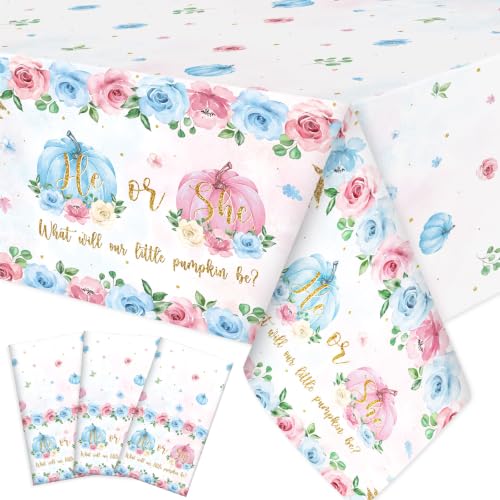 Image of Ganeen 3 Pcs Fall Pumpkin Gender Reveal Tablecloth Plastic, 54 x 108 Inch