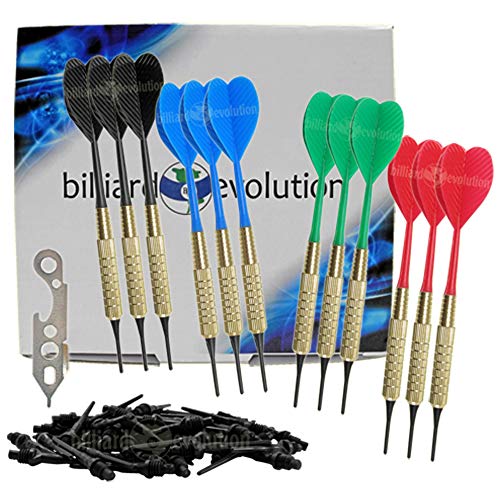 Billiard Evolution Set of Twelve Brass 2ba 16gm Soft Tip Bar Darts, 100 Black Dart Tips, Dart Wrench