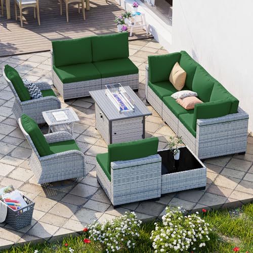 Image of 11-Piece Patio Furniture Set, Outdoor Patio Furniture with 55,000 BTU Fire Pit Table, Swivel Chairs Set, Thick Cushions, Modular Patio Sofa, Dual-Strand Wicker Rattan, Rust-Resistant Frame, Dark Green