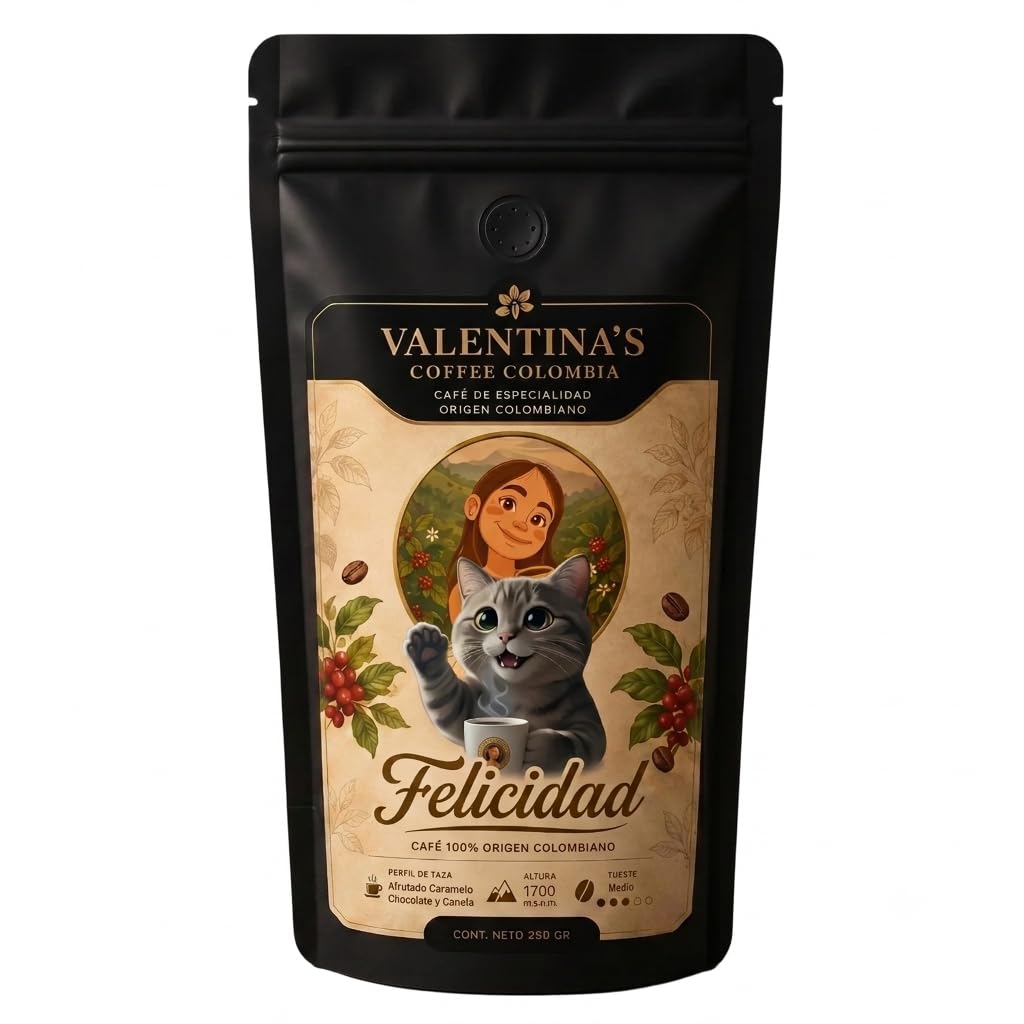 Valentina's Coffee | Felicidad | 1000 gr | En Grano | Sabor Caramelo cacao. canela | Intensidad Media | 100% Café Colombiano de Especialidad