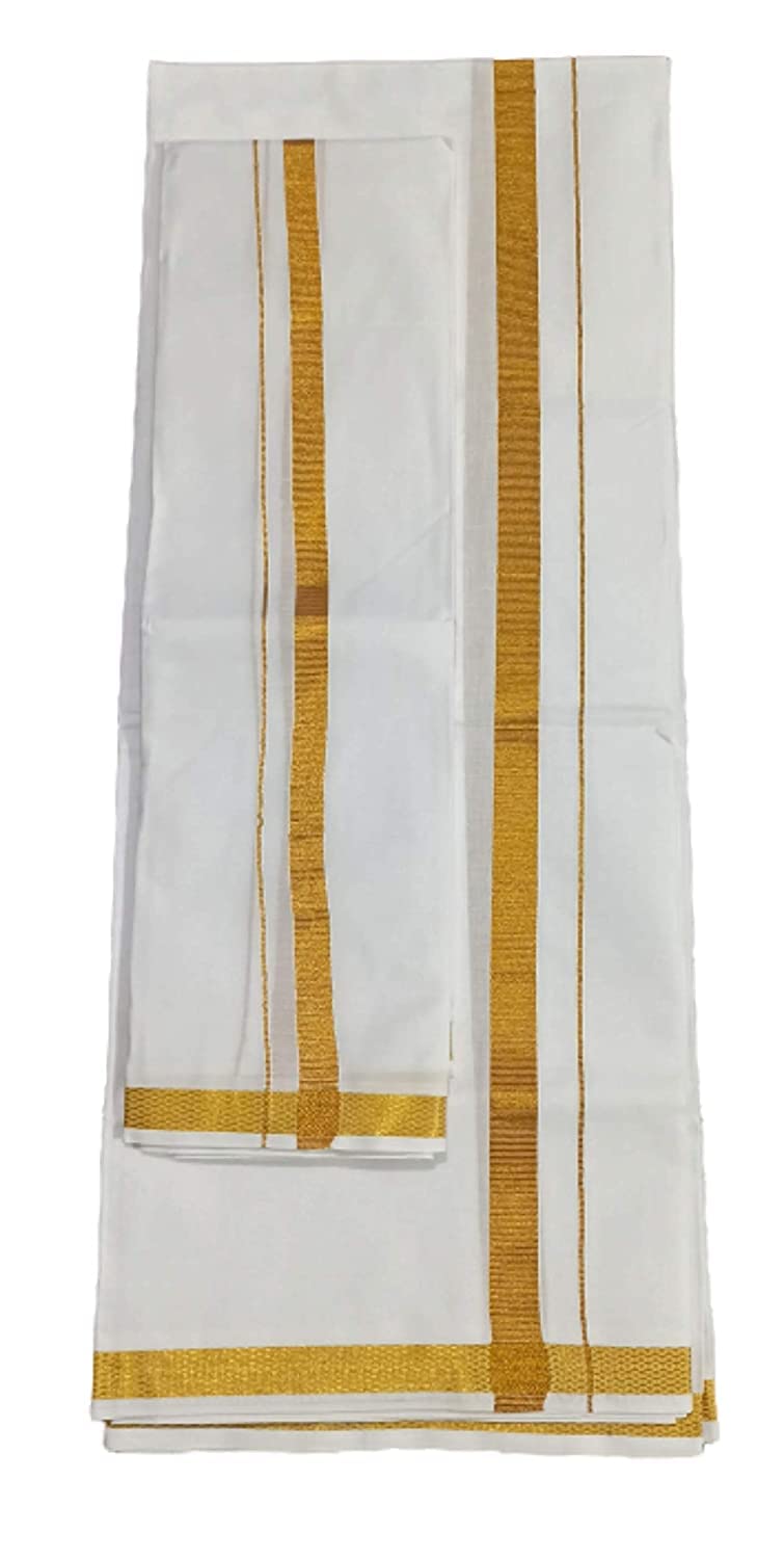 SUMAN TEX Cotton Single Dhoti with Angavastram combo (gold border, White, free size)