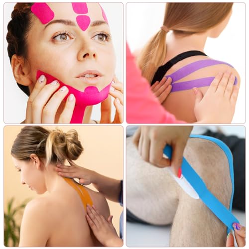 TRUEIN 4 Stück Face Lifting Tape, 2.5cm x 5m Tape Falten Gesicht, Anti Falten Pflaster, Zornesfalte Pflaster, Facial Patches für Straffung und Straffung der Haut (Lila Rot Blau Orange)