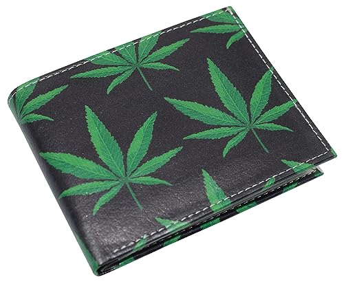MARSHAL Printed Marijuana Leaf RFID Blocking Genuine Leather Bifold Wallet with Gift box