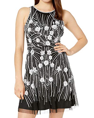 Adrianna Papell Contrast Beaded Fit and Flare Cocktail Dress Black Ivory 6