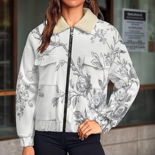 Chaqueta de invierno para mujer con forro polar retro de flores y pájaros 2