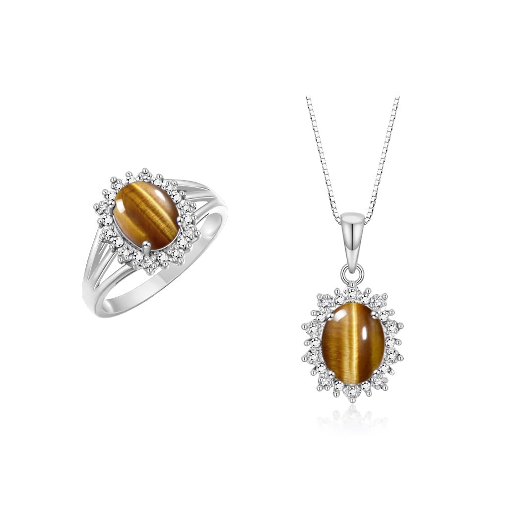 Rylos Women's Sterling Silver Princess Diana Ring &amp; Pendant Set. Gemstone &amp; Diamonds, 9X7MM Birthstone. Matching Friendship Jewelry, Sizes 5-10.