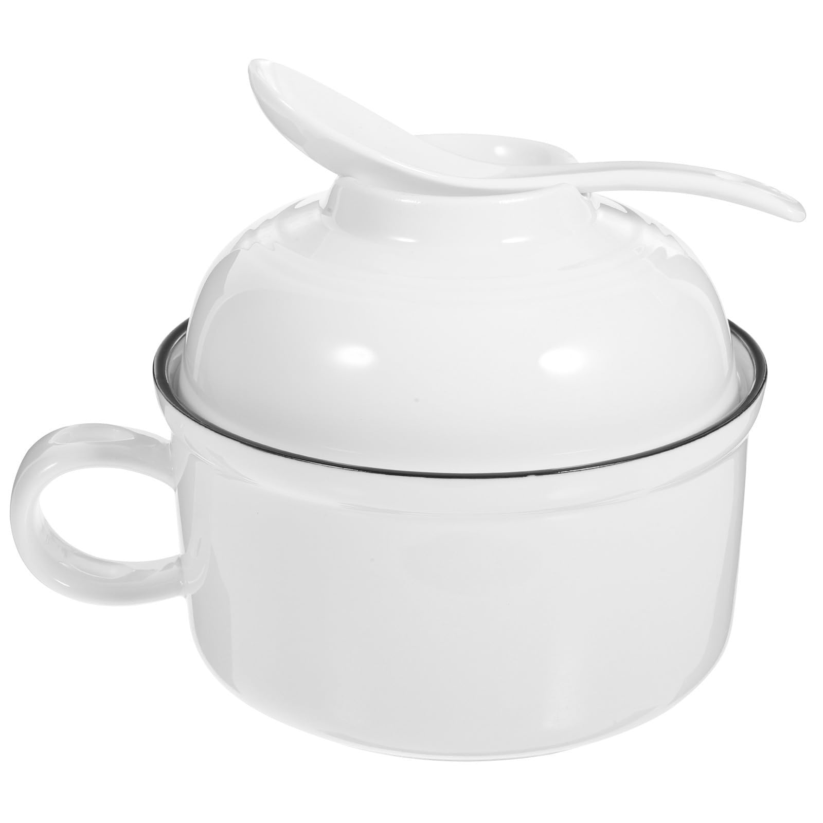 Cuenco de Cerámica Blanco con Asa, Tapa y Cuchara, 1 Juego | Fideos Instantáneos y Arroz, Uso Doméstico, Fácil de Limpiar, Resistente para Uso Prolongado