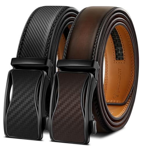 Image of BULLIANT Men's 2-Pack Ratchet Leather Belt Trimmable 1 3 /8 inch-Gift Boxed