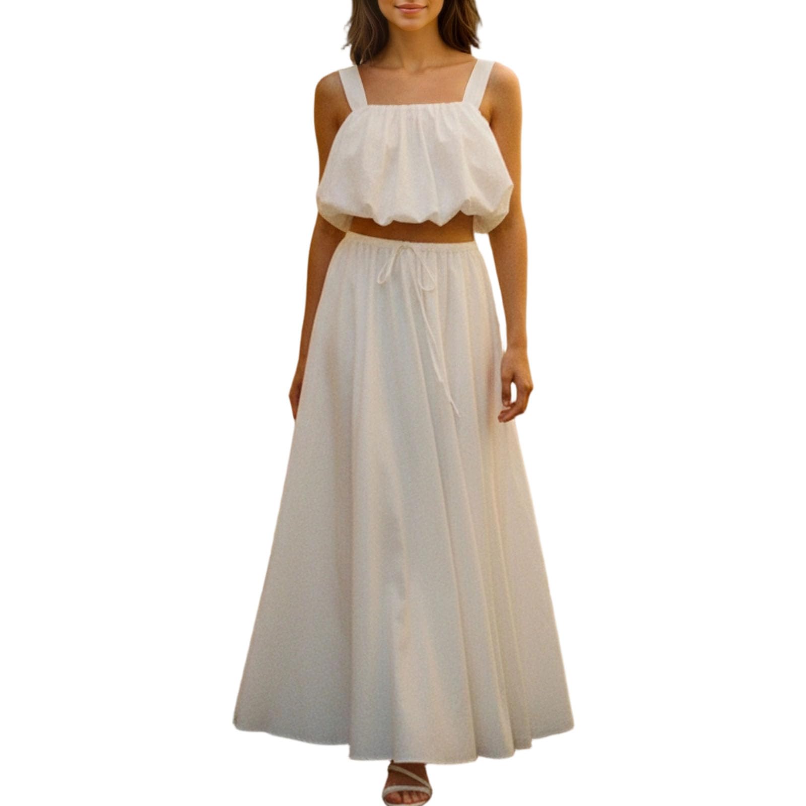 Completi Estivi da Donna in 2 Pezzi Top Corto Senza Maniche e Gonna Lunga con Coulisse Set Coordinato