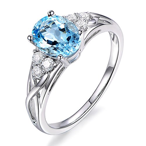 Simple Design Fashion Genuine Natural Sky Blue Gemstone Aquamarine for Women Promise Wedding Engagement 14K White Gold Band Ring Set