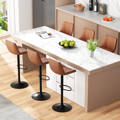 Image of JAMFLY Modern Leather Bar Stools - Swivel & Height-Adjustable Bar Chairs with Footrest, Ergonomic Design for Kitchen Island, Home & Commercial Bar - Set of 6, Brown