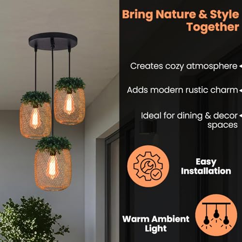 Image of Groeien 3-Light Industrial Gold Finish Metal Mesh Leaf Hanging Pendant Ceiling Lamp Fixture | Chandelier for Home, Indoor, Outdoor,Living Room, Bedroom(Bulb Included)