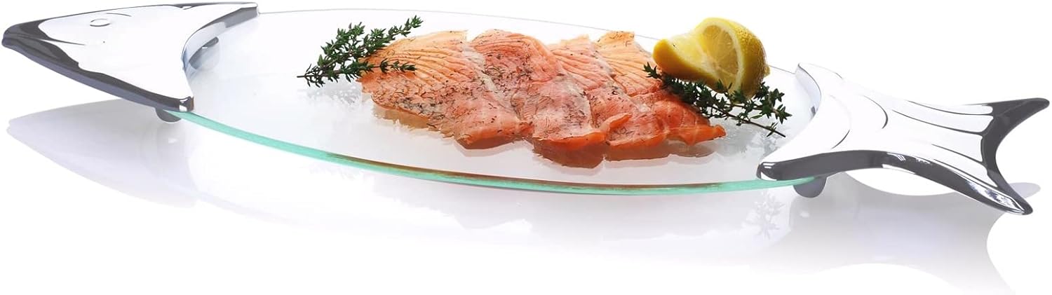 Regent Chromeplated Salmon Glass Serving Tray Serving Platter Fish/Sushi Platter Food Trays, Fish Plate Glass+ Stainless Steel