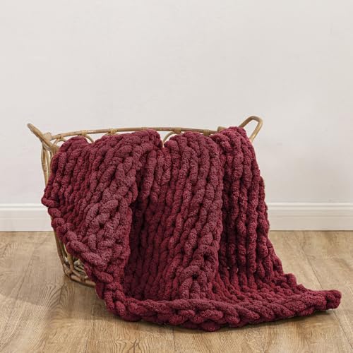 WESHIONGOO Chunky Knit Blanket Throw 4040 Knitted Throw Blankets for Couch Bed Fluffy Soft Blanket with Jumbo Chenille Yarn Thick 100% Handmade (Burgundy Red)