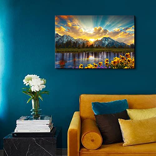 Image of Sunrise Mountain Canvas Wall Art National Park Grand Teton Landscape Picture Nature Forest Sunflower Painting for Kitchen Bedroom Sunset Lake Scenery Poster Prints Artwork Home Decorations 16x24 inch Gift