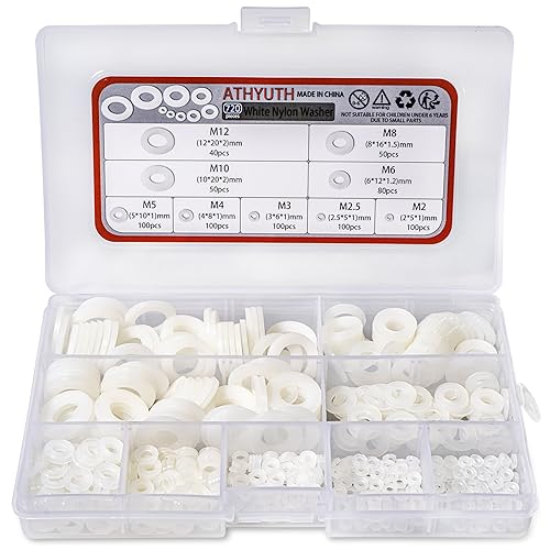 ATHYUTH Nylon Flat Washers Assortment Kit for Mechanical and Electrical Use, 9 Sizes White Plastic Washers for M2 M2.5 M3 M4 M5 M6 M8 M10 M12 Screw and Bolt, 720 Pcs Nylon PA66 Insulating Washers