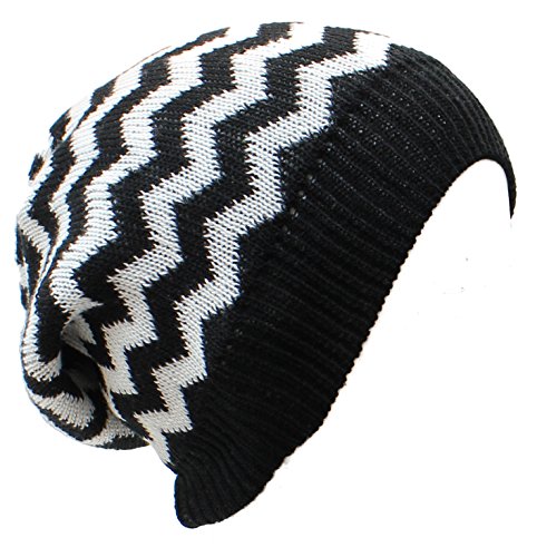 an Baggy Beanie Hat Cool Black and White Knit Zigzag Stripes Adults Teens