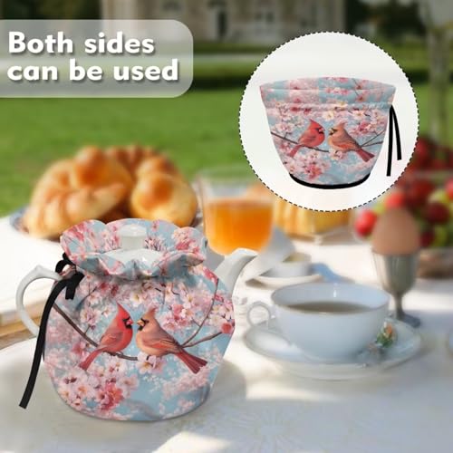 Image of Xoenoiee Cardinal Bird Cherry Blossom Print Tea Cozy Cotton Tea Cosy for Teapots Keep Warm Teapot Cover Insulated Kettle Cover for Home Kitchen Table Decor
