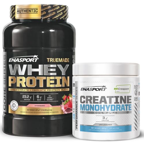 Pack Enasport Truemade Whey Protein 907g + Creatina Creapure®300g | Máxima Absorción, Energía y Recuperación Muscular | Proteína de Suero WPI+WPC | Creatina de Alta Pureza (907, Fresa)