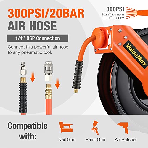 ValueMax Drucklufttrommel Druckluftschlauchtrommel Metall, Schlauch 15m+1m, 1/4 Anschluss, Automatik Schlauchaufroller Einziehbare Luftschlauchtrommel Max. 300 PSI/20 Bar