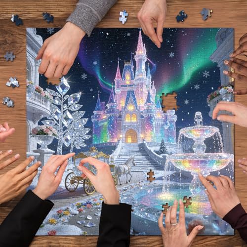 Rompecabezas Aurora Crystal Castle para adultos 1000 piezas, Palacio mágico, escena nocturna de nieve con fuente arcoíris y fantasía, arte de cuento de hadas desafiante y soñador para decoración de pared miniatura 6