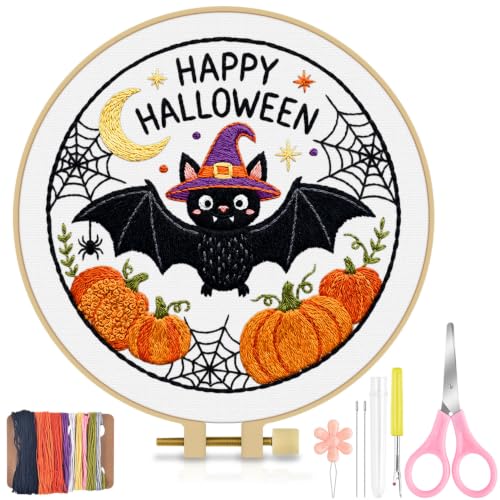 Image of TINDTOP Halloween Embroidery Kit for Adult, Embroidery DIY Starter Kit, with Stamped Patterns, Hoop, Tools, Colorful Threads with Needles, Instructions (Halloween D)