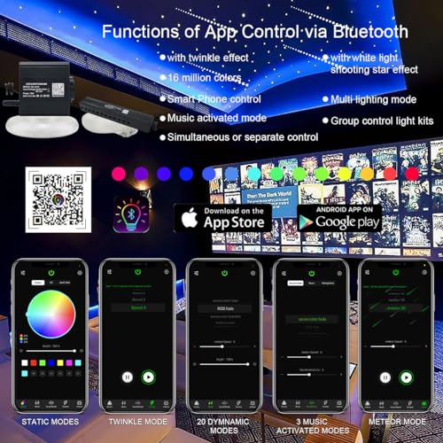 Image of AKEPO Small Size 16W Twinkle Meteor APP Fiber Optic Light Kits, Shooting Star+RGBW Music Activated 550pcs 0.03in /0.75mm 9.8ft /3m Optical Fiber Star Ceiling Light Kit for Car Starlight Headliner /Home