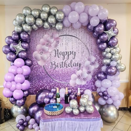 Image of Purple Silver Balloon Arch Kit, Lavender Lilac Balloon Garland for Birthday | Metallic Purple Silver Balloons with Four Star Foil Balloons for Girls Women Wedding Birthday Baby Shower Party Decorations