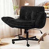 Criss Cross Chair with Wheels & Arms, Chenille Cross Legged Office Chair with 5-level Folding Armrest, Comfortable Adjustable Swivel Vanity Chair for Home, Make Up, Bed Room, Office, Accent (Black).