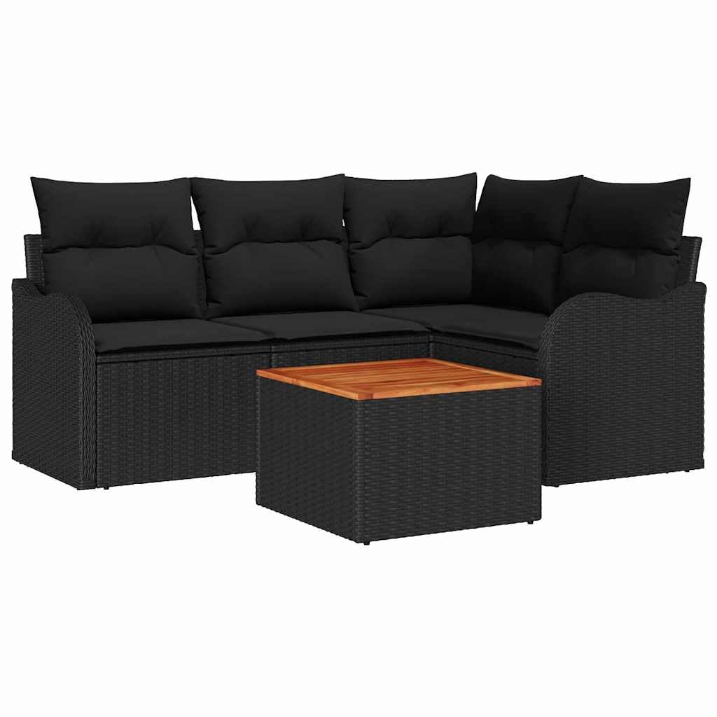 Canapé d'extérieur polyrotin noir 5 pièces aux finitions nobles en bois d'acacia