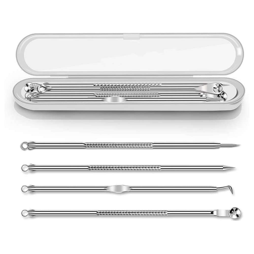 Blackhead Remover Kit, Extractor Removal Set Professional Stainless Steel Pimple Popper Tool Treatment for Whitehead Blemish Acne Comedone Pimple Popping (4PCS, Silver)