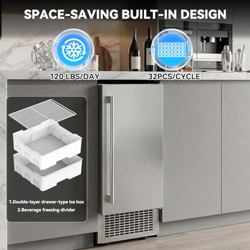 Image of SOZT Under Counter Ice Maker with Refrigerator Function, 120LBS /24H | Commercial Ice Machine, No-Melt Ice Storage, 24H Timer & Self-Cleaning, Built-in /Freestanding for Home Bar Cafe Restaurant