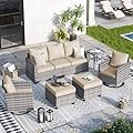 VONZOY Patio Furniture Sets, 6 Pieces Patio Outdoor Sectional Furniture, Wicker Rattan Conversation Sofa with Rocking Chair, Ottomans, Side Table, Khaki Cushion
