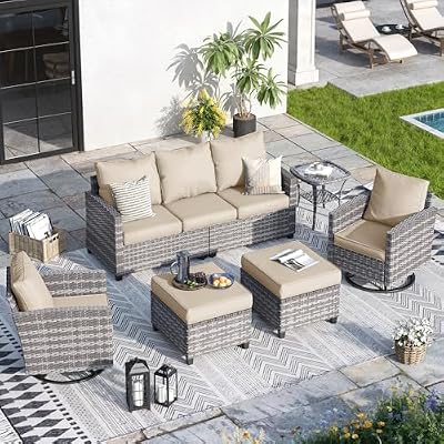 VONZOY Patio Furniture Sets, 6 Pieces Patio Outdoor Sectional Furniture, Wicker Rattan Conversation Sofa with Rocking Chair, Ottomans, Side Table, Khaki Cushion