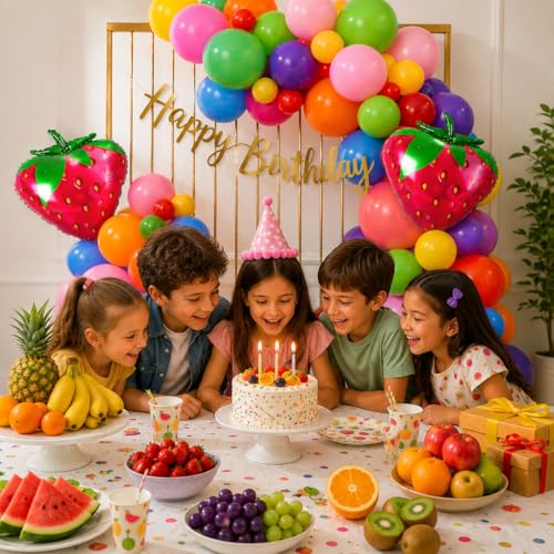 Image of Fruit Theme Birthday Decoration Kit with Colorful Balloon, Strawberry Foil Balloons, Happy Birthday Banner, Tropical Party Backdrop Decor for Kids Birthday Celebration Supplies