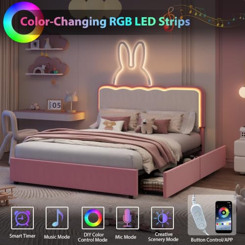 Image of Garvee Irregular Wave LED 2-Drawer Soft Upholstered Bed, Soft Padding