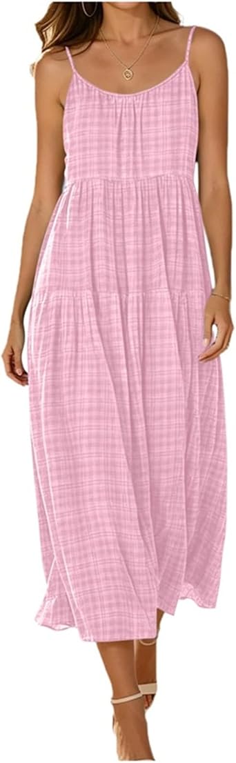 Zeiayuas Holiday Plaid Dress for Women UK Spaghetti Strap Summer Maxi Dresses Elegant Strappy Gingham Dress Bohemian Beach Holiday Vacation Flowy Long Dresses