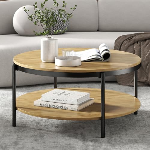 Manora Table basse ronde en bois de salon - Petite table de salon - 80 cm - Avec espace de rangement - 2 niveaux - Pieds en métal aspect chêne avec cadre en acier (chêne clair)