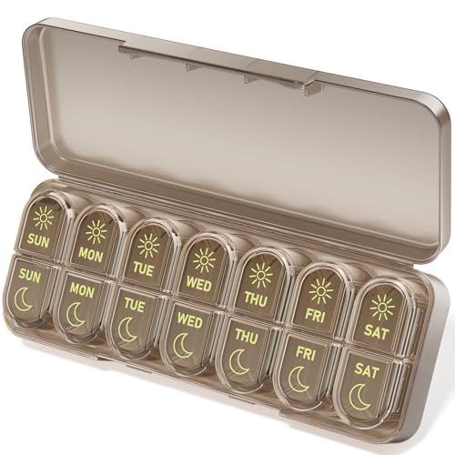 Betife AM PM Pill Organizer 7 Day Weekly Pill Organizer 2 Times a Day Daily Pill Box AM PM Portable Travel Medicine Case Day and Night Pill Container for Medication Vitamin or SupplementBrown