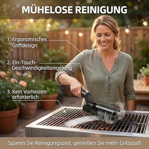 Elektrische Grillbürste, Reinigungsbürste Elektrisch, Akku-Betrieben, Edelstahl-Bürstenkopf, 180° Verstellbarem Winkel, 3-Stufen Reinigung, 90 Min Laufzeit, IPX7 Wasserdicht für alle Grilltypen