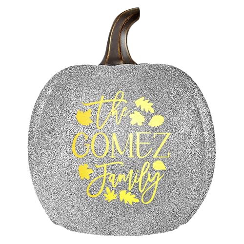 Let's Make Memories Personalized Light Up Pumpkin - Jack-o-Lantern Halloween Décor - Your Family Name on a Custom Pumpkin - Fall Decor - Light Up Indoors/Outdoors - Leaves Pattern - Silver Glitter - L