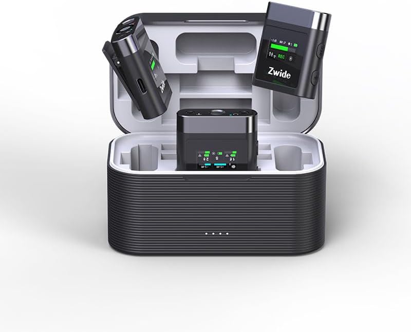 Zwide Professional Wireless Lavalier Microphone System M2 Plus+C2 (2TX+1RX+Charging Case), Compact 1 Receiver & Dual Channel Transmitter, Noise Cancellation, Portable Mini Lapel Mics for Camera, PC