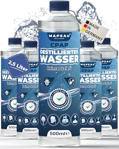 Mapeau CPAP destilliertes Wasser für CPAP-Geräte Wasser für Sauerstoffgerät Inhalator Luftbefeuchter Atemgas-Befeuchtung (5x 500ml)