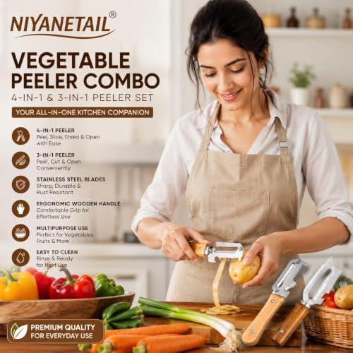 Image of 2-Piece Multifunctional Vegetable Peeler with Ergonomic Wooden Handle, Heavy Duty Stainless Steel 3-in-1 & 4-in-1 Kitchen Tool with Scallion Shredder & Built-in Bottle Opener for Home Cooking
